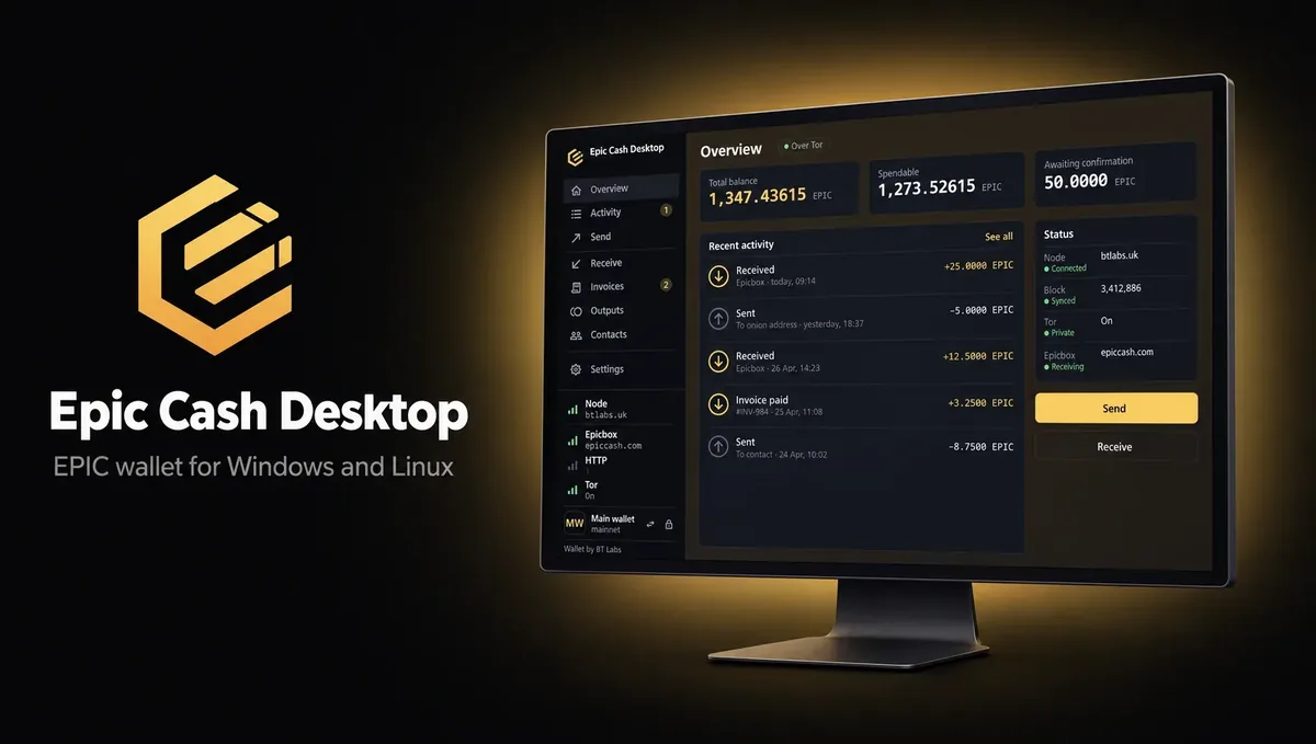 Epic Cash Desktop banner: the gold mark, the name, and a monitor showing the Overview page.
