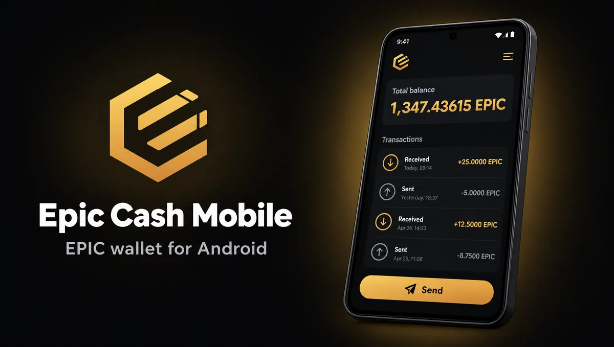 Epic Cash Mobile banner: the gold mark, the name, and a phone showing the balance and recent transactions.