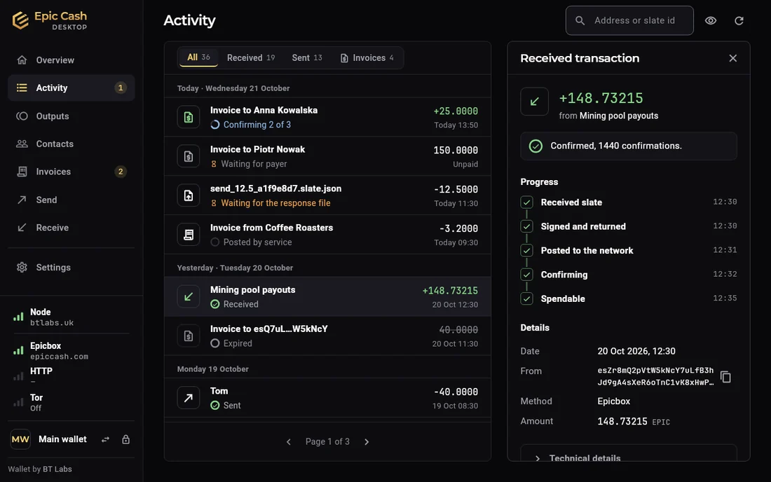Epic Cash Desktop, Activity: the list with All, Received, Sent and Invoices filters, and beside it the details of a received payment of 148.73215 EPIC from Mining pool payouts: progress steps Received slate, Signed and returned, Posted to the network, Confirming, Spendable, and the details below.