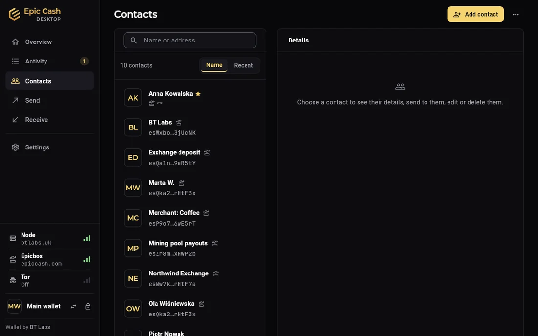 Epic Cash Desktop, Contacts: a searchable list of contacts with an Epicbox or HTTP tag on each, and a details pane: choose a contact to see their details, send to them, edit or delete them.