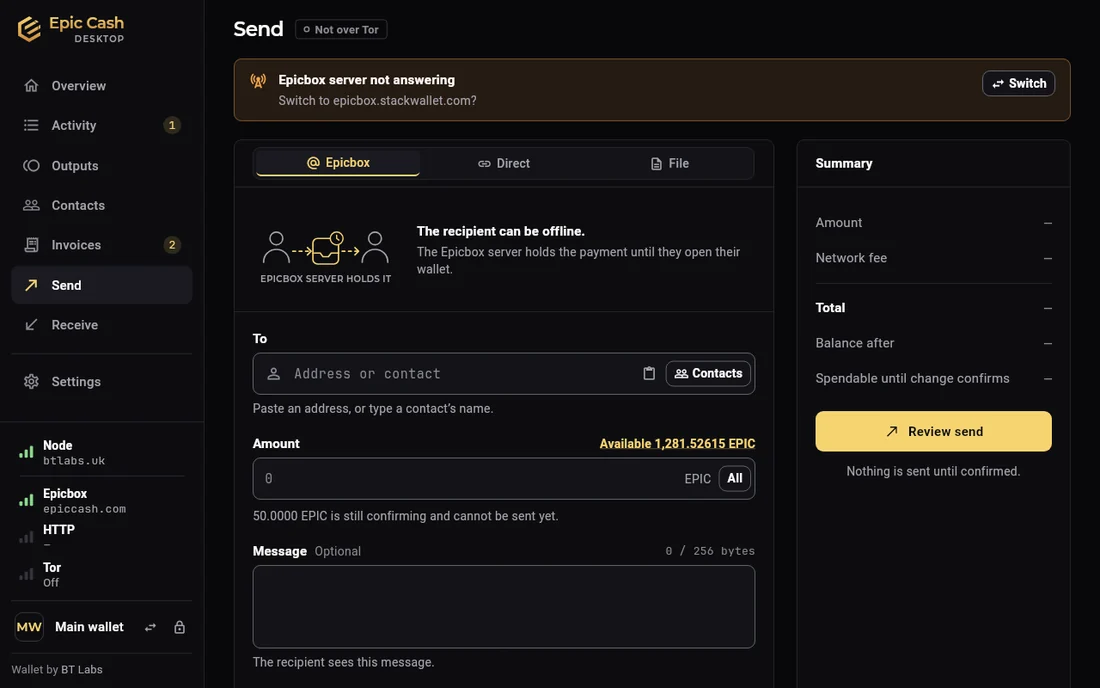 Epic Cash Desktop, Send, with a notice at the top: Epicbox server not answering, switch to epicbox.stackwallet.com?, and a Switch button.