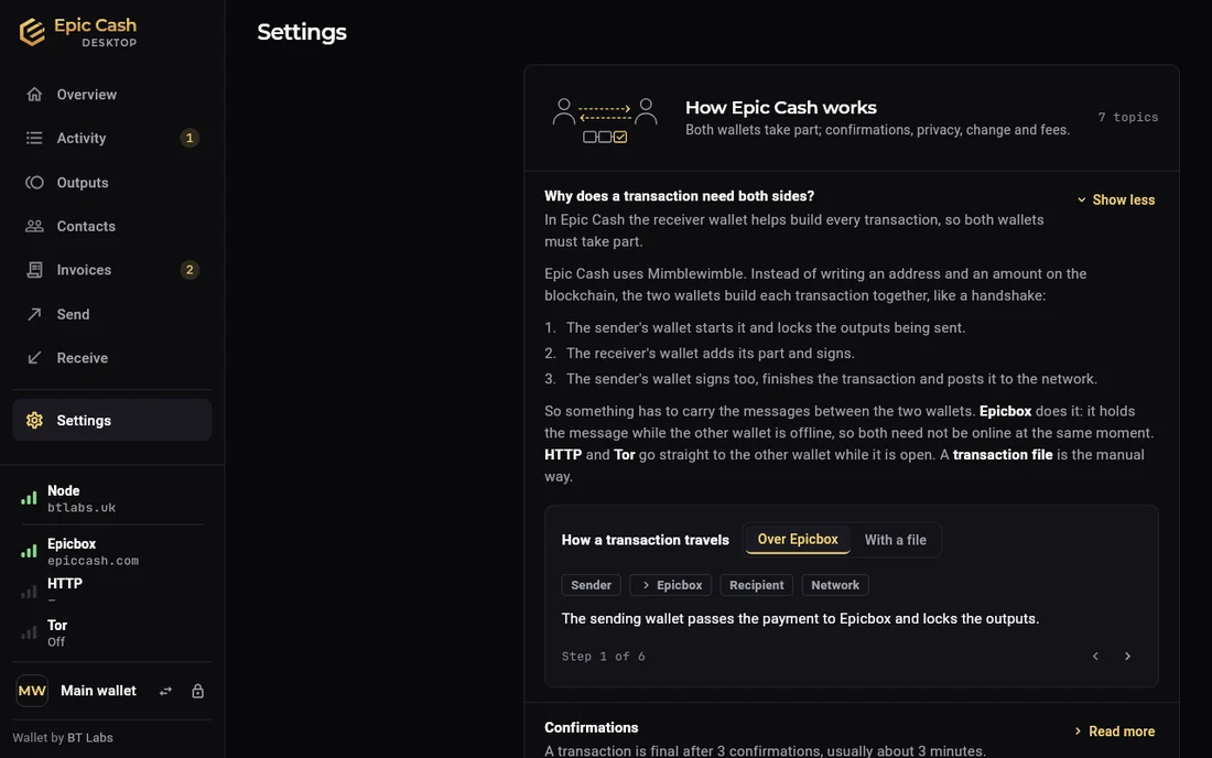 Epic Cash Desktop, Help, the topic Why does a transaction need both sides?, with the three steps of the handshake and a stepper that shows how a transaction travels over Epicbox or with a file.