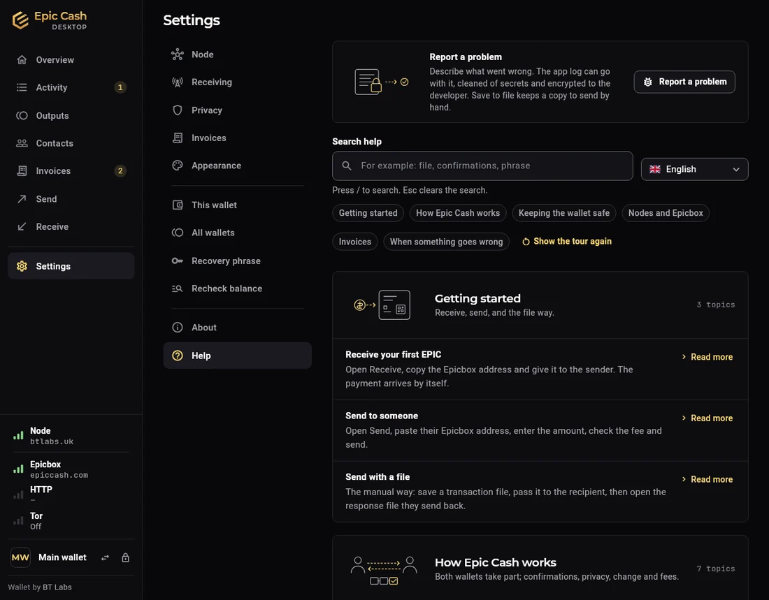 Epic Cash Desktop, Settings › Help: Report a problem at the top, a search field, topic chips, then the sections Getting started and How Epic Cash works with their topics and one-line answers.