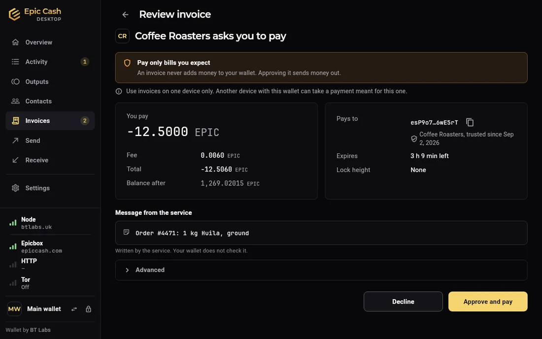 Epic Cash Desktop, Review invoice: Coffee Roasters asks you to pay 12.5 EPIC, with the fee, the total, the balance after, where it pays to, when it expires, the message from the service, and Decline and Approve and pay buttons.