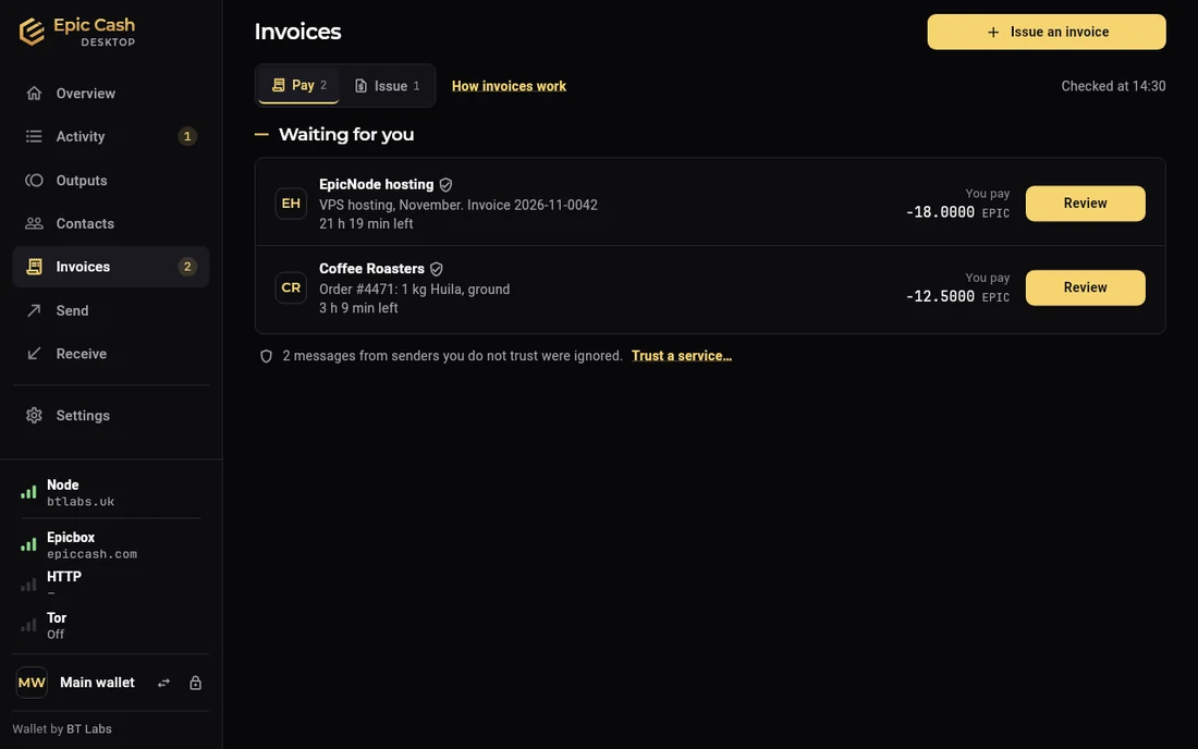 Epic Cash Desktop, Invoices › Pay: two invoices waiting, from EpicNode hosting for 10 EPIC and Coffee Roasters for 12.5 EPIC, each with a Review button and the time left; a line says two messages from senders you do not trust were ignored.