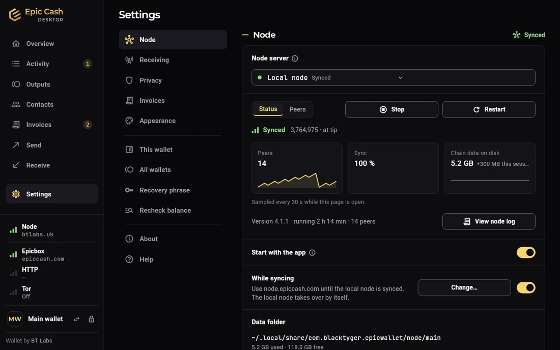 Epic Cash Desktop, Settings › Node with the Local node chosen and synced: peers, sync 100 %, chain data on disk 5.2 GB, running 2 h 1 min with 14 peers, Stop and Restart, Start with the app, While syncing use node.epiccash.com, and the data folder.