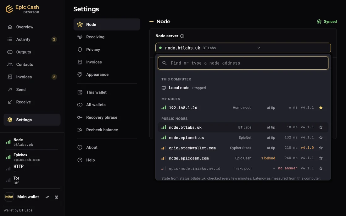 Epic Cash Desktop, Settings › Node, the node field open: Local node on this computer, My nodes, and the public nodes with operator, height, latency and version.