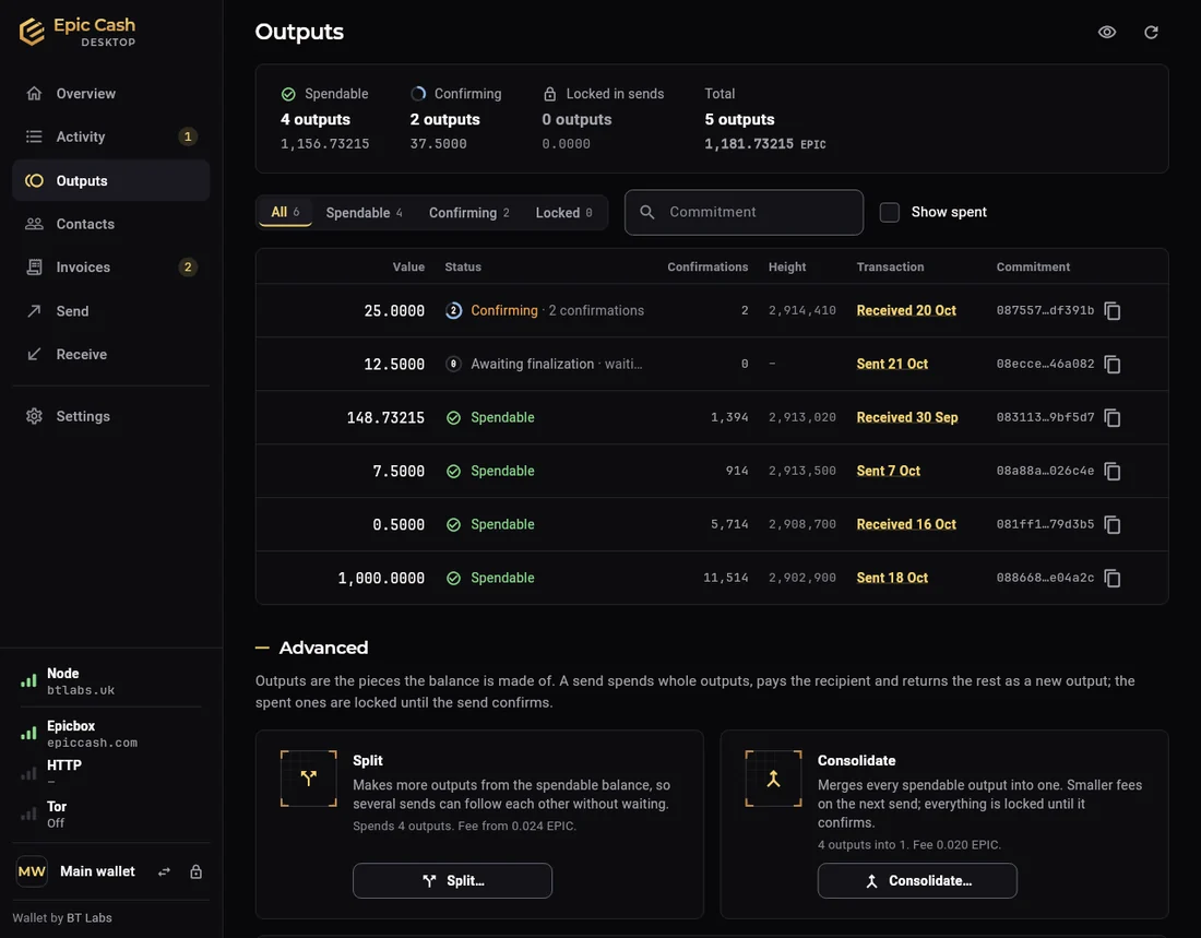Epic Cash Desktop, Outputs: Spendable, Confirming, Locked in sends and Total at the top, the table of outputs with value, status, confirmations, height, transaction and commitment, then Advanced with the Split and Consolidate cards.