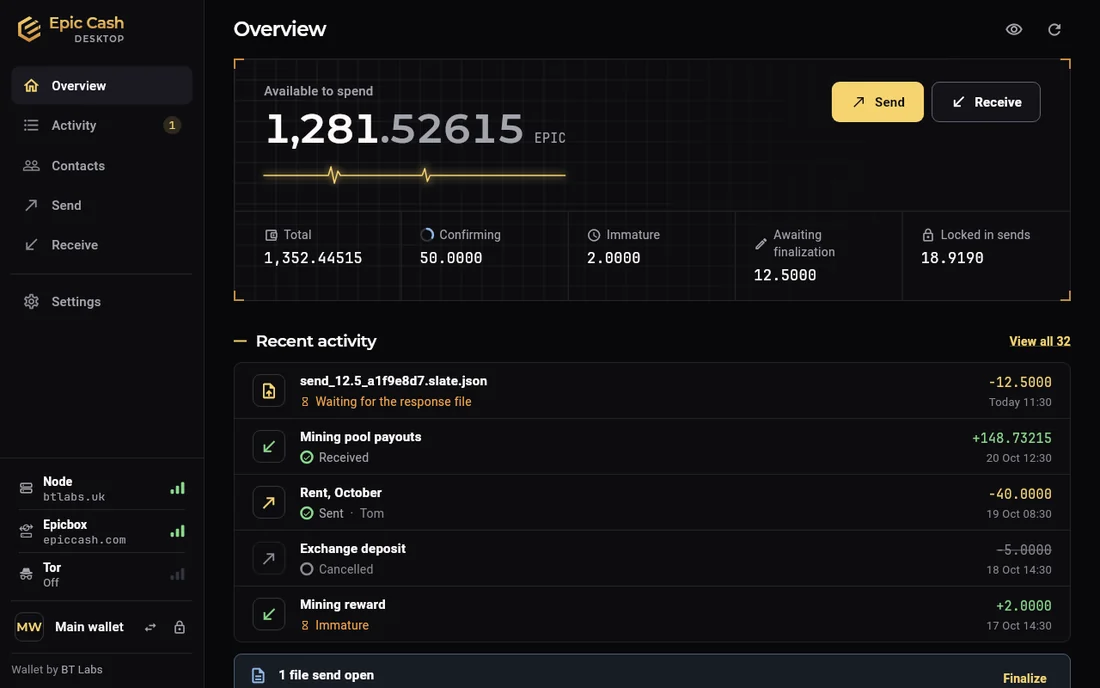 Epic Cash Desktop, Overview: Available to spend 1,281.52615 EPIC, tiles for Total, Confirming, Immature, Awaiting finalization and Locked in sends, Send and Receive buttons, recent activity with states in words; the sidebar shows Node, Epicbox, HTTP and Tor rows.