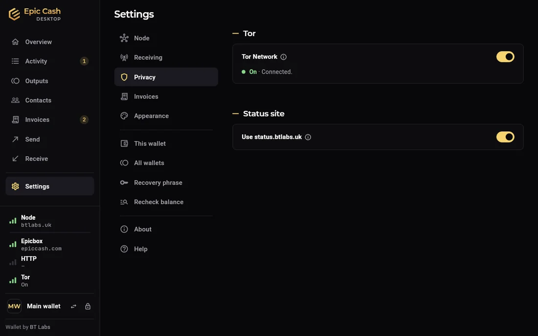 Epic Cash Desktop, Settings › Privacy: Tor Network on, Connected; Status site: use status.btlabs.uk, on. The sidebar's Tor row reads On.