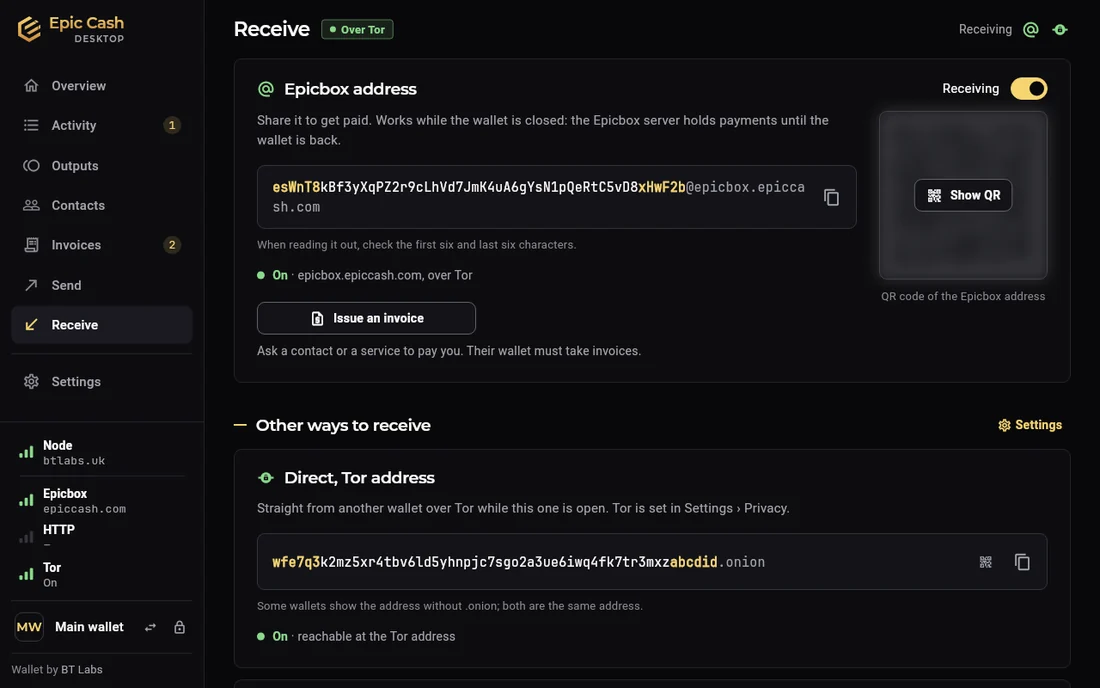 Epic Cash Desktop, Receive with Tor on: the Epicbox address over Tor, and under Other ways to receive the wallet's Direct Tor address ending in .onion, reachable at the Tor address.