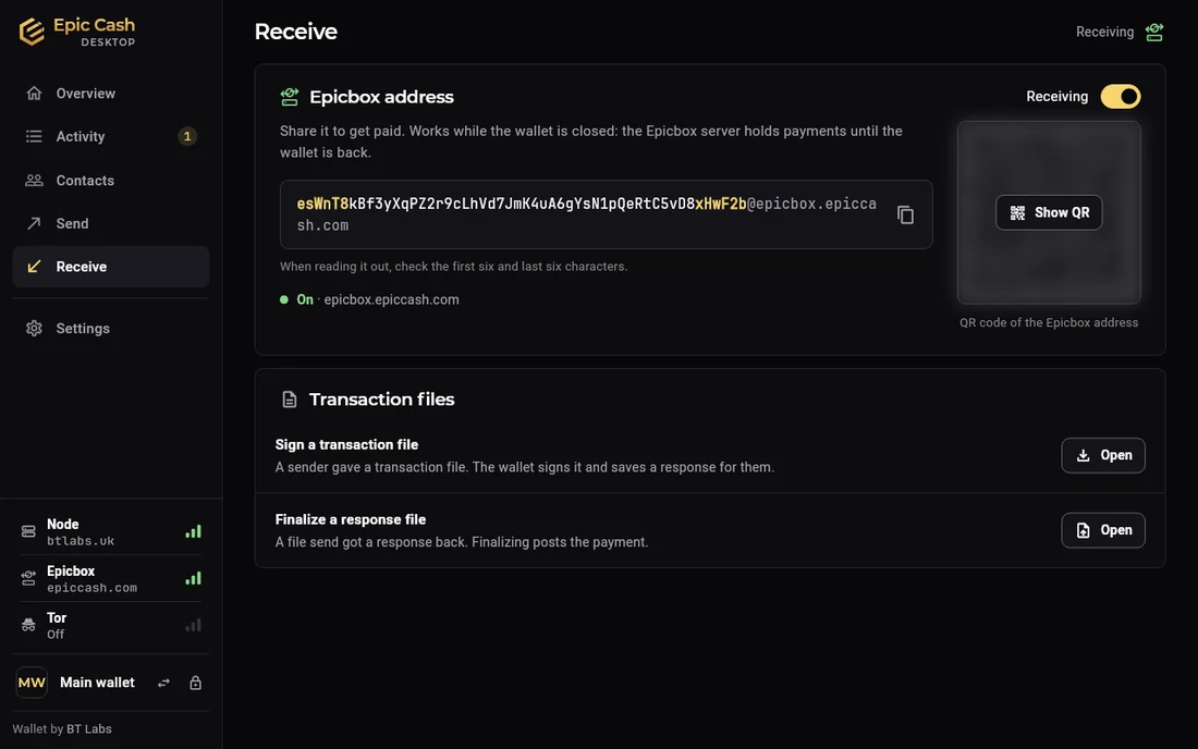 Epic Cash Desktop, Receive: the Epicbox address with its first and last six characters highlighted, Copy and Show QR, a Receiving switch that is on, and Other ways to receive: HTTP address, transaction files.