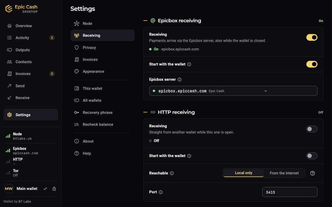 Epic Cash Desktop, Settings › Receiving: Epicbox receiving on, Start with the wallet, the Epicbox server field; HTTP receiving off, with Reachable Local only or From the internet, and the port.