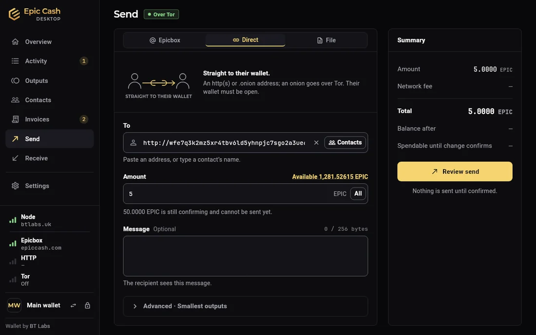 Epic Cash Desktop, Send on the Direct tab, Over Tor: Straight to their wallet, an http(s) or .onion address, the To field holding an .onion address, Amount 5 EPIC, and the Summary with the network fee, total and balance after.
