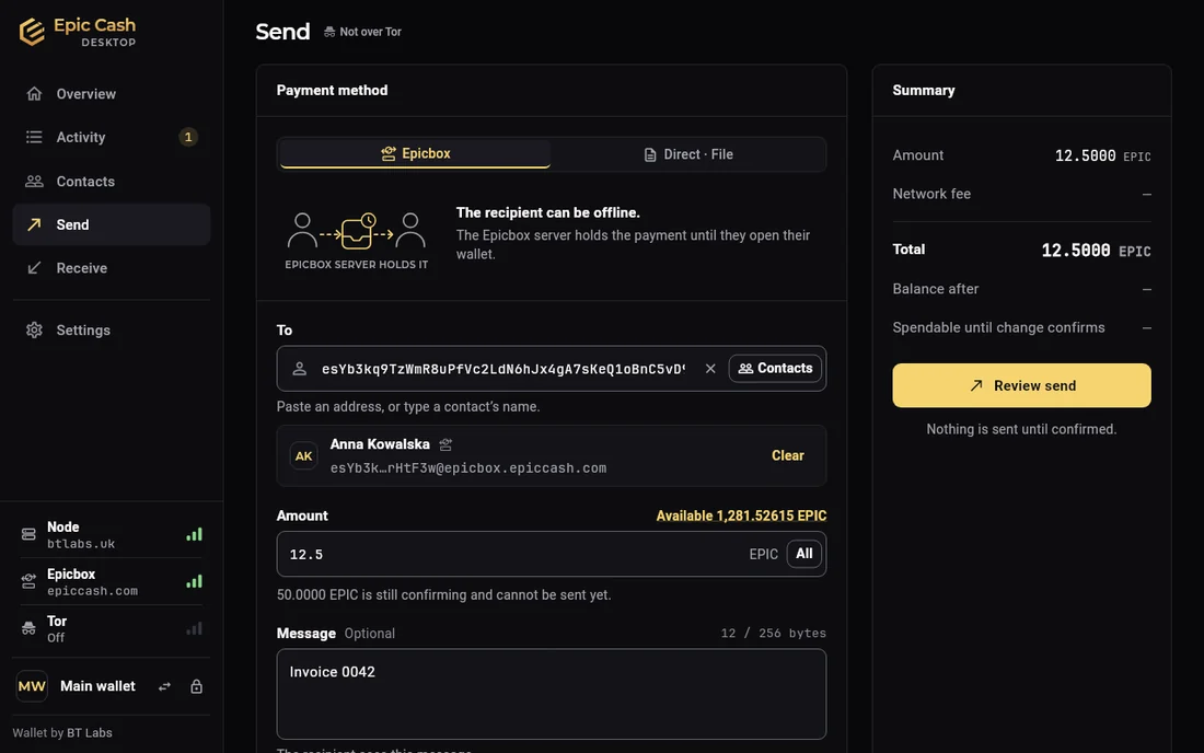 Epic Cash Desktop, Send: the Check and send dialog with the amount 12.5000 EPIC, the recipient Anna Kowalska and her Epicbox address, the network fee, the total, which outputs are locked, the message, and a Password field above Send 12.5000 EPIC.