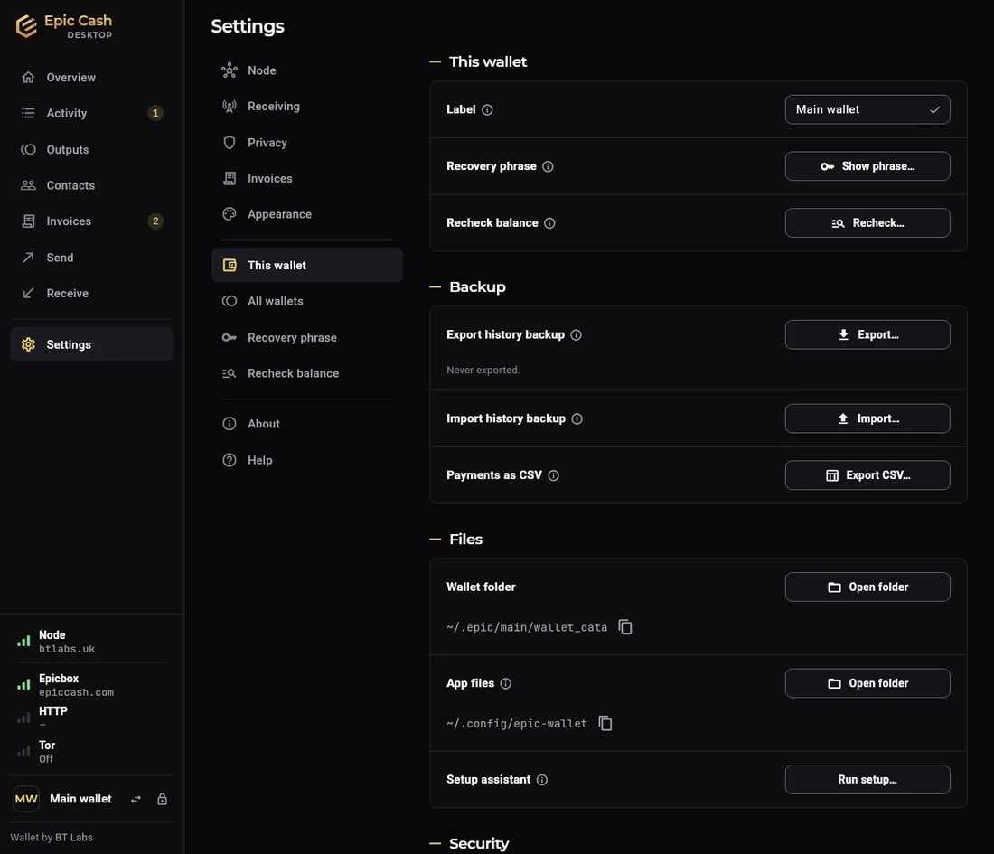 Epic Cash Desktop, Settings › This wallet: the label, Show phrase, Recheck balance; Backup with Export history backup, Import history backup and Payments as CSV; Files with the wallet folder and app files.