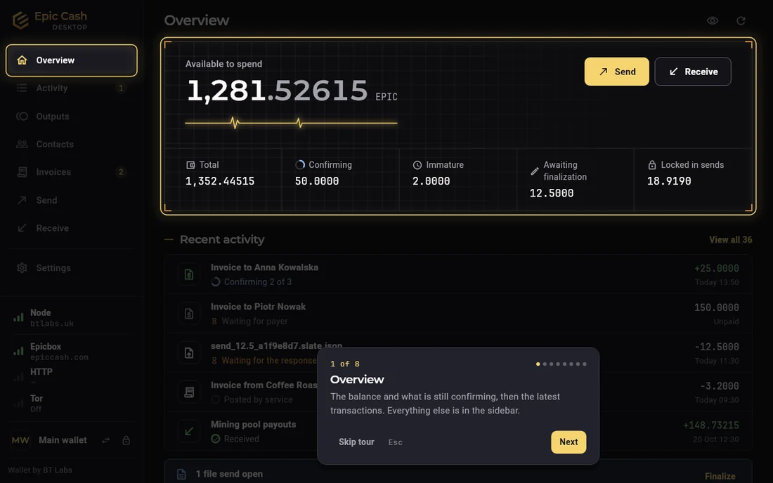 Epic Cash Desktop, the first-run tour on Overview: step 1 of 7, the balance area lit, a card that says the balance and what is still confirming, and Skip tour, Back and Next.