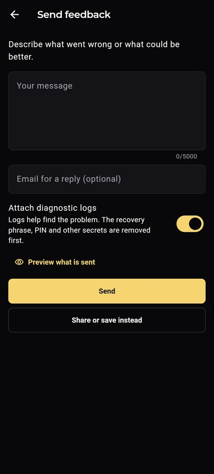 Epic Cash Mobile, Send feedback: a message field, an email for a reply, Attach diagnostic logs with the secrets removed first, Preview what is sent, Send, and Share or save instead.
