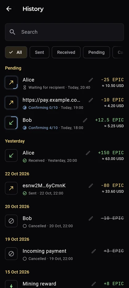 Epic Cash Mobile, History: search, the All, Sent, Received and Pending filters, and payments grouped by day with their state in words.