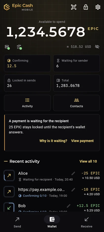 Epic Cash Mobile, Wallet tab: the balance, tiles for Confirming, Waiting for sender, Locked in sends and Total, node and Epicbox status icons under it, a row of Activity and Contacts, a card about a payment waiting for the recipient.
