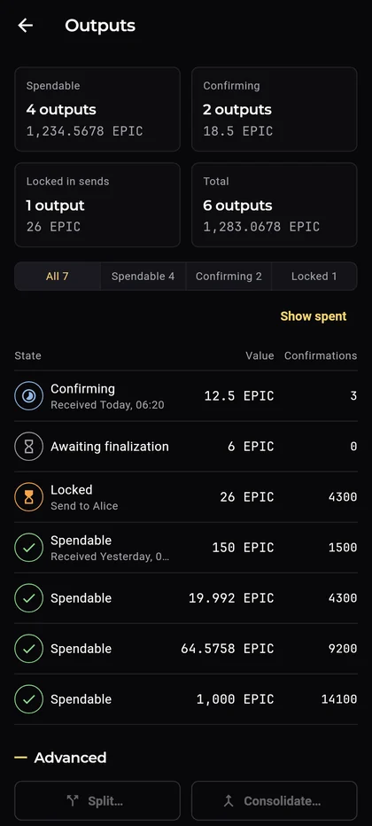 Epic Cash Mobile, Outputs: tiles for Spendable, Confirming, Locked in sends and Total, the All, Spendable, Confirming and Locked filters, the list of outputs with a state each, then Advanced with Split and Consolidate.