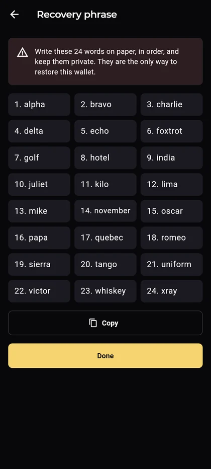 Epic Cash Mobile, Recovery phrase: write these 24 words on paper, in order, and keep them private; the words in a numbered grid.