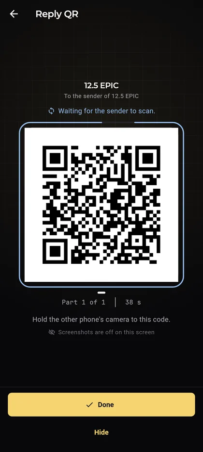 Epic Cash Mobile, Reply QR: to the sender of 12.5 EPIC, waiting for the sender to scan, the reply code showing with 38 seconds left, and Done.