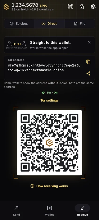 Epic Cash Mobile, Receive › Direct with Tor on: Straight to this wallet, works while the app is open; the Tor address ending in .onion, Tor On, and its QR code.