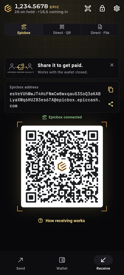 Epic Cash Mobile, Receive: Epicbox, Direct and File tabs, the Epicbox address, a large QR code and How receiving works.