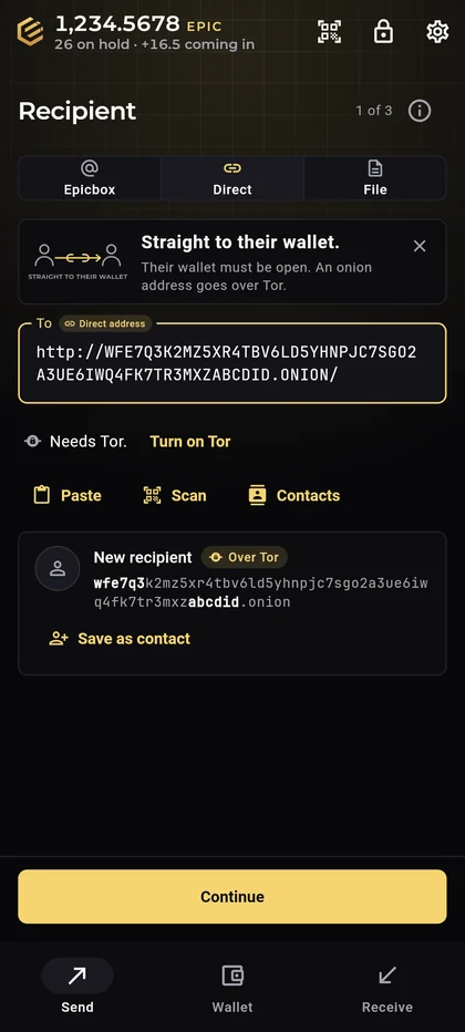 Epic Cash Mobile, Send › Direct to an .onion address: Needs Tor with Turn on Tor, and the new recipient marked Over Tor.