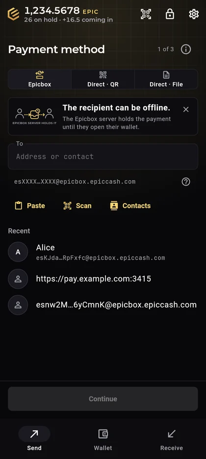 Epic Cash Mobile, Send, step 1 of 3: Epicbox, Direct and File tabs, the To field with Paste, Scan and Contacts, and recent recipients.