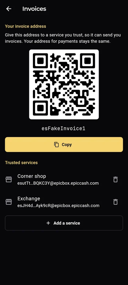 Epic Cash Mobile, Settings › Invoices: your invoice address as a QR code with Copy, and the trusted services list with Add a service.
