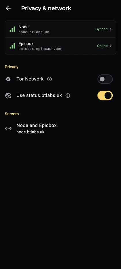 Epic Cash Mobile, Settings › Privacy & network: the Node and Epicbox rows, the Tor Network switch with an info icon, Use status.btlabs.uk, and the servers.