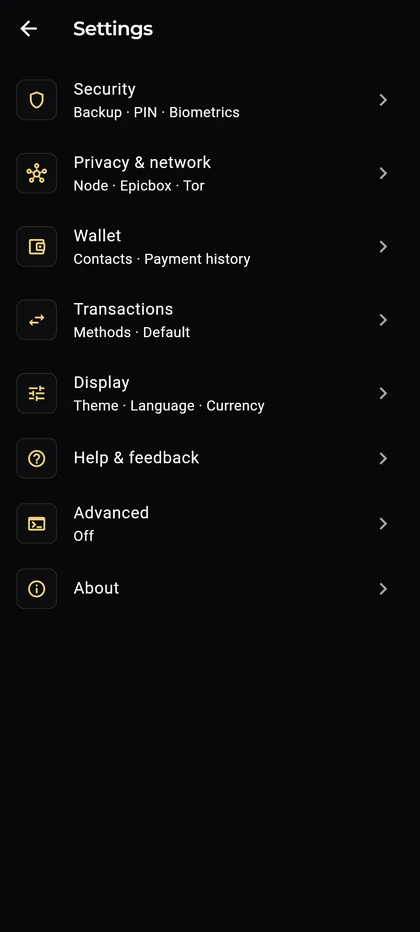 Epic Cash Mobile, Settings: one row per group with a summary each: Security, Privacy & network, Wallet, Display, Help & feedback and About.